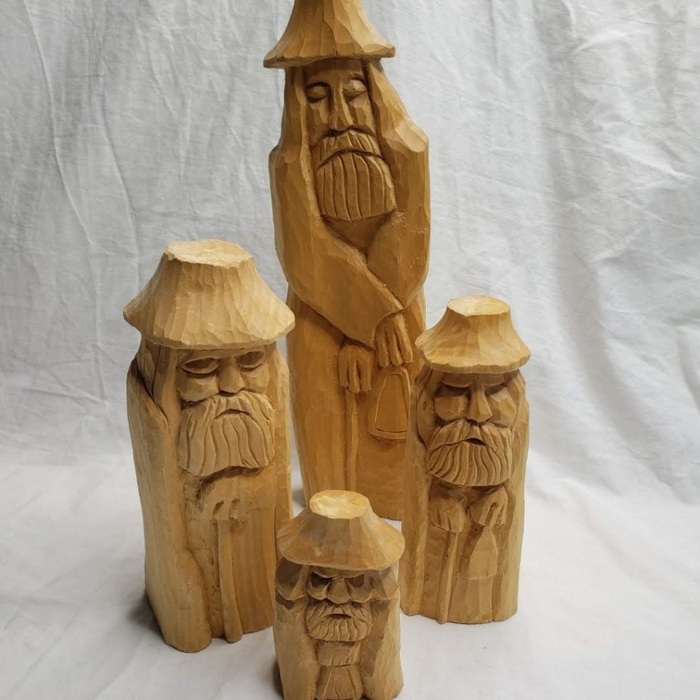 Hand Carved Wood Spirits Bearded Elder Men With Lanterns European Folk Art